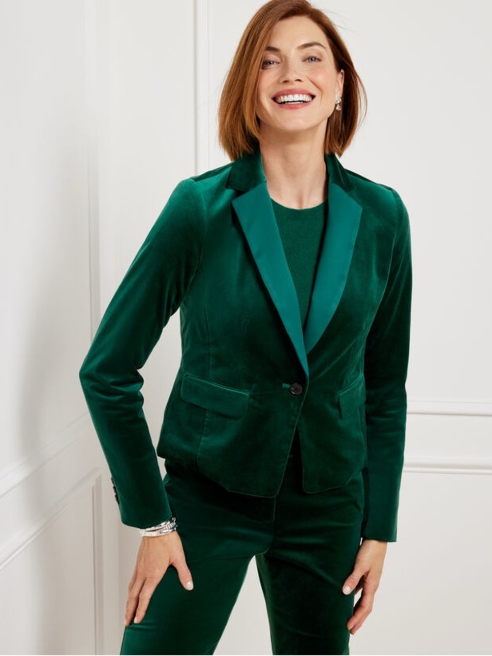 Talbots Women Green Velvet Blazer Tuxedo Satin Trim Jacket Holiday Sz 10 Excell